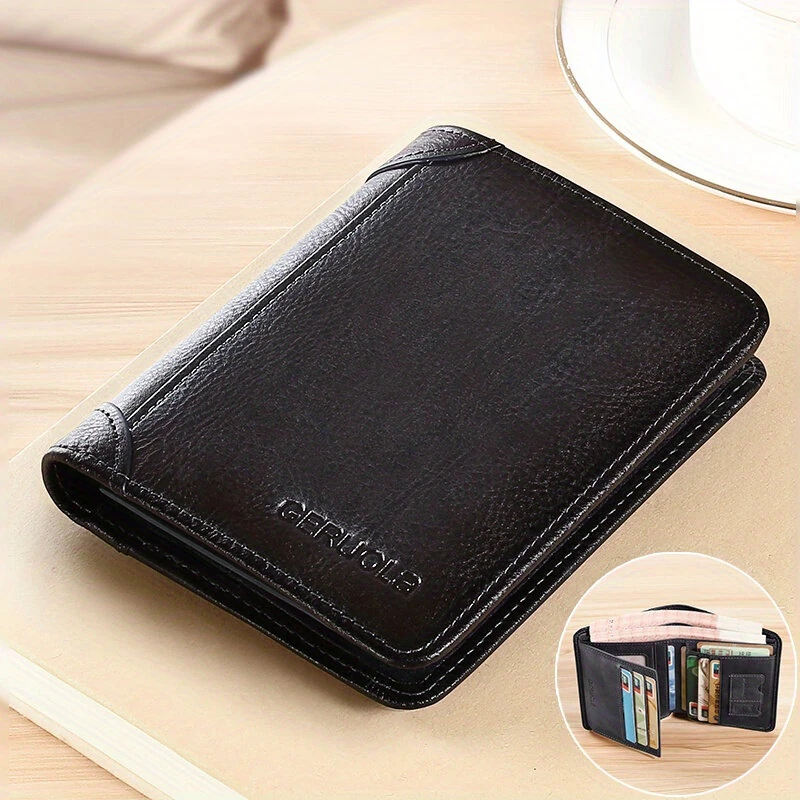 (image for) Ekphero Men's Wallet Genuine Leather RFID Blocking Short Wallet Vintage Thin Multi Function ID Credit Card Holder Flip-flop Male Money Purse